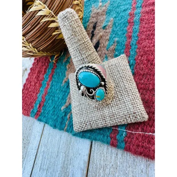 Handcrafted Turquoise & Sterling Silver Cigar Band Ring Size 10.5